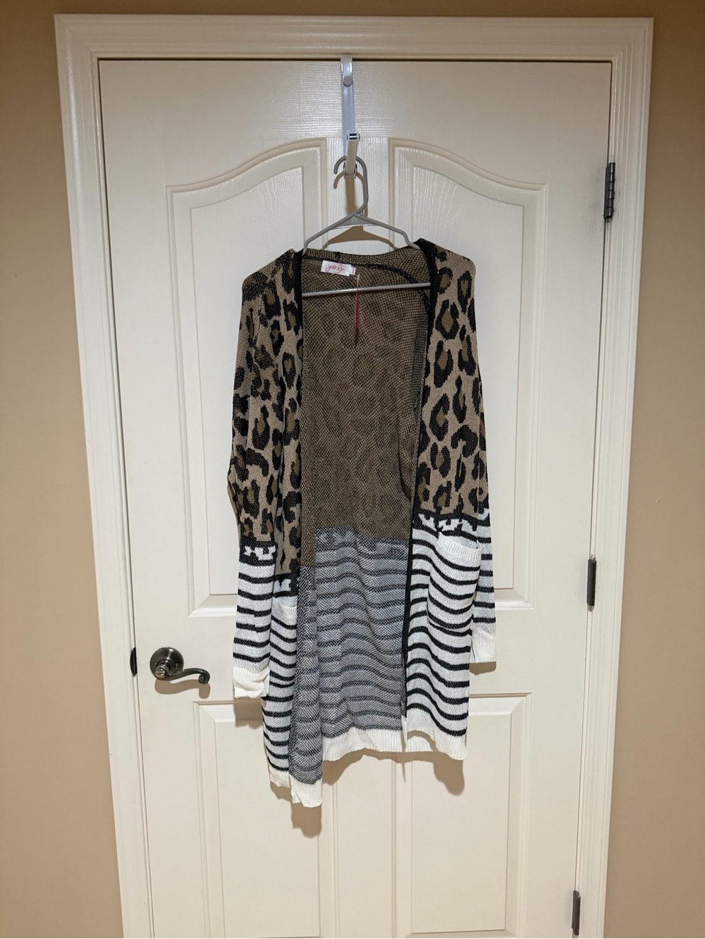 Open-Front Leopard and Stripe Mixed-Print Cardigan - Brown/Black/White